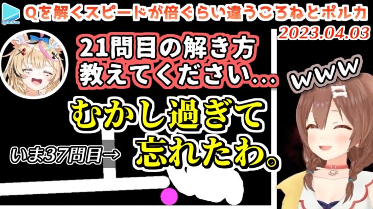 【Q】21問目がわからなすぎて配信中のころねに凸するポルカ【2023.04.03/戌神ころね/尾丸ポルカ/ホロライブ切り抜き】